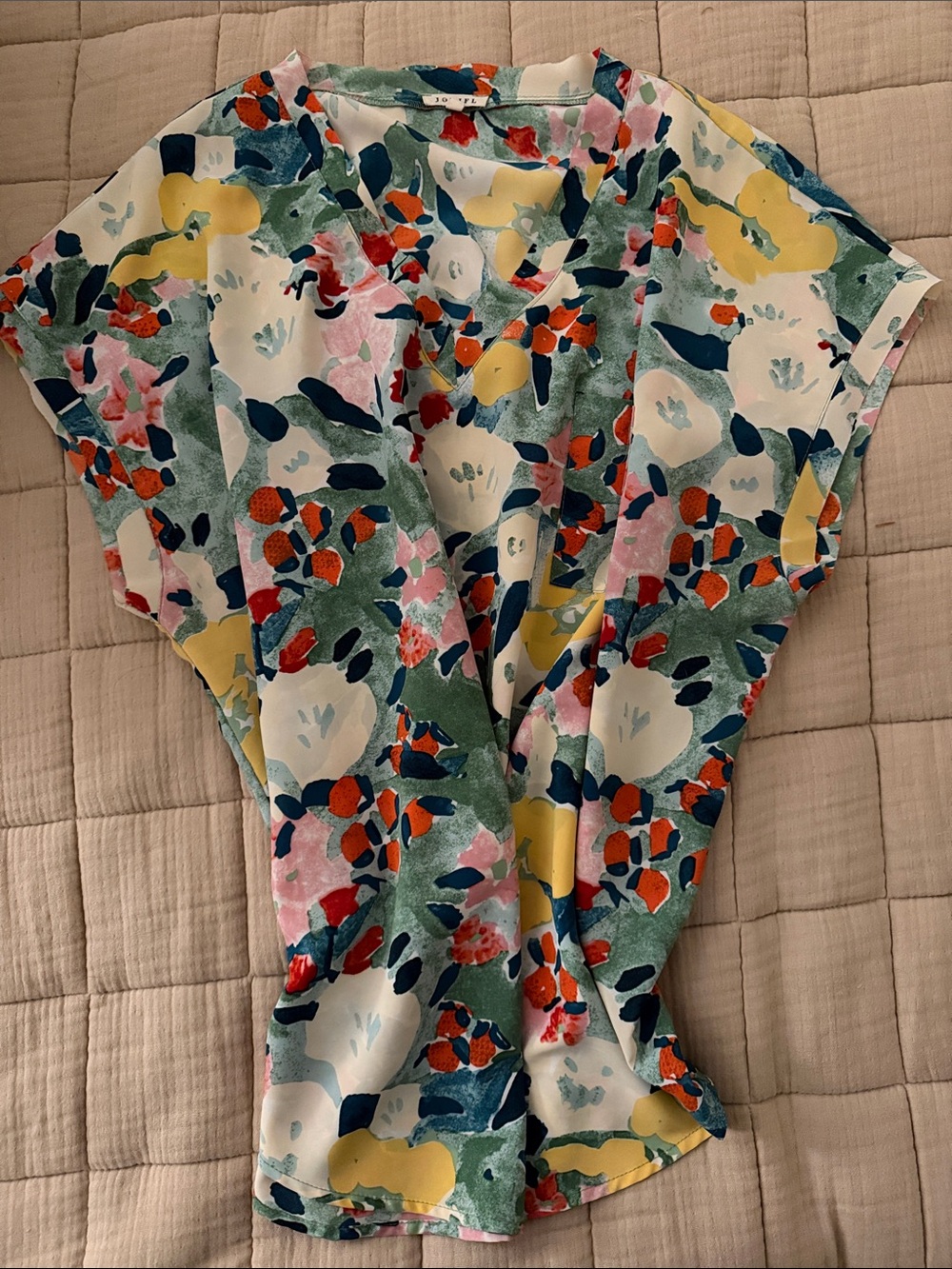 Jodifl Floral Multicolor V-Neck Short Sleeve Blouse Sz Large